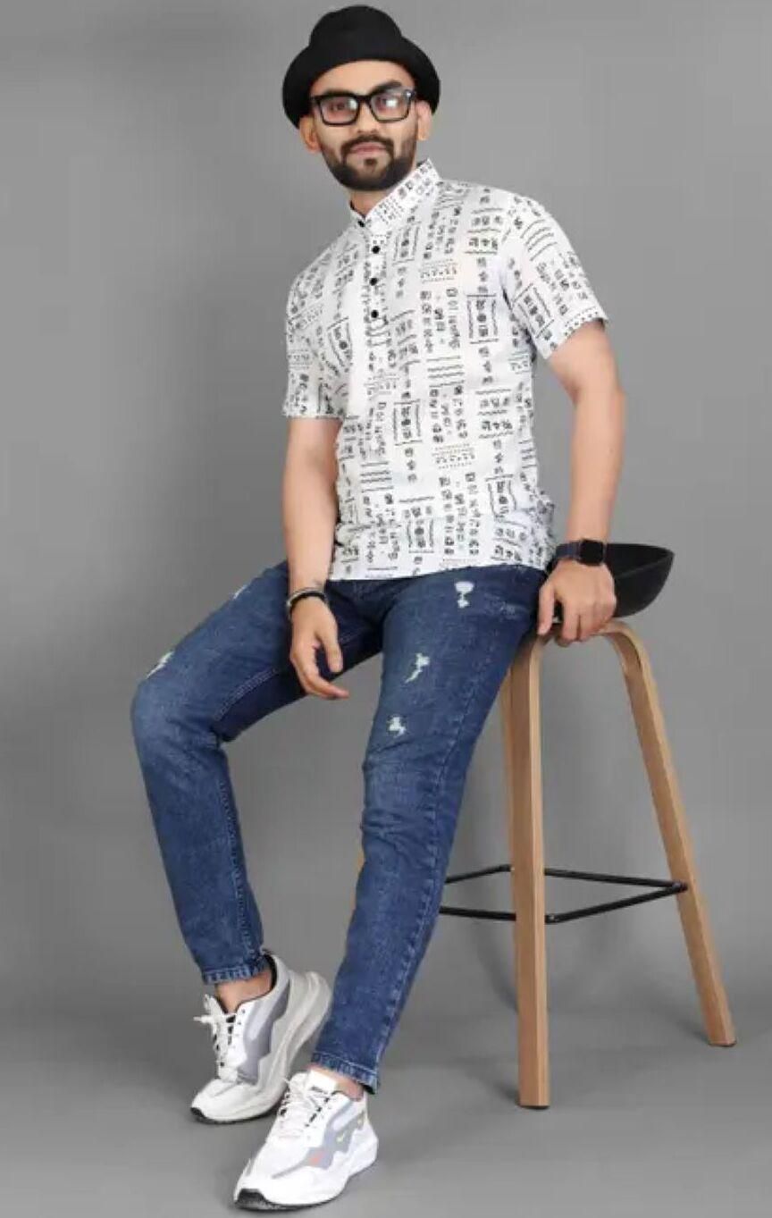 Men's Printed Half Sleeves Spread Collar Casual Shirt